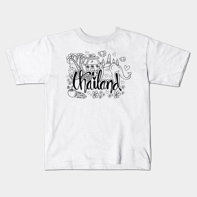 Hand Drawn Symbols Of Thailand. Kids T-Shirt by Handini _Atmodiwiryo